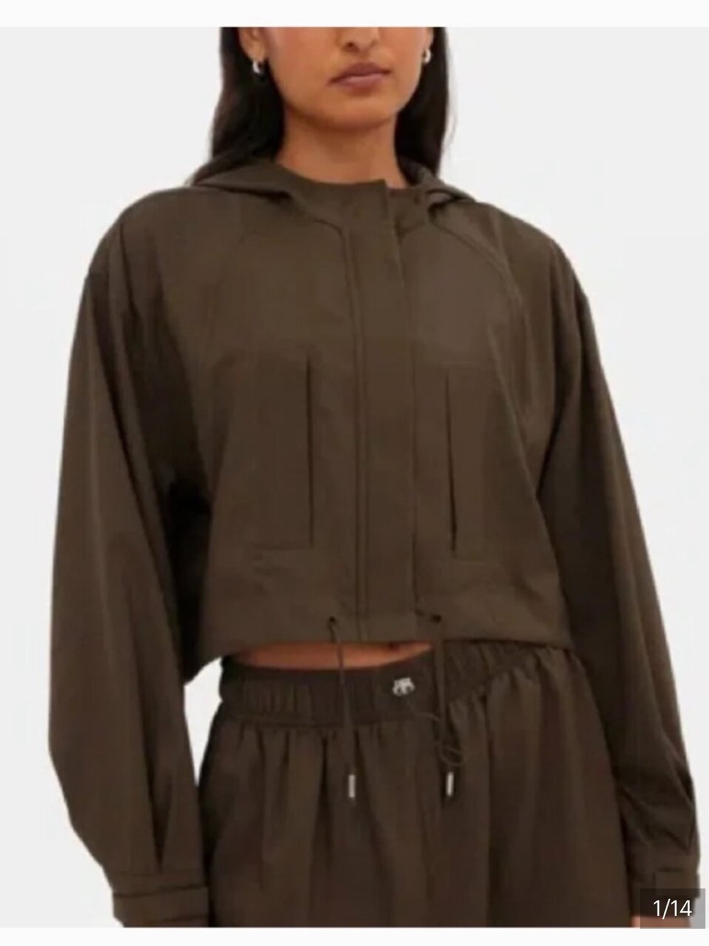 girlfriend collective cropped utility hooded jacket in brown size large